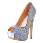 Load image into Gallery viewer, Blue Rhinestone Peep Toe Platform Stiletto High Heel Pumps
