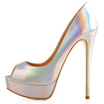 Load image into Gallery viewer, Holographic Peep Toe Stiletto Heel Platform Pumps
