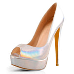 Load image into Gallery viewer, Holographic Peep Toe Stiletto Heel Platform Pumps
