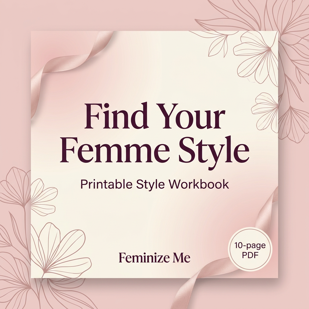 Find Your Femme Style printable workbook by Feminize Me, blush pink and cream cover with floral details and a 10-page PDF badge.