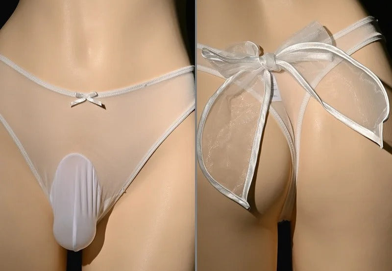 "Sissy Kenzie" Sheer Mesh G-String | Bow Detail Bikini Pouch | Femboy Lingerie
