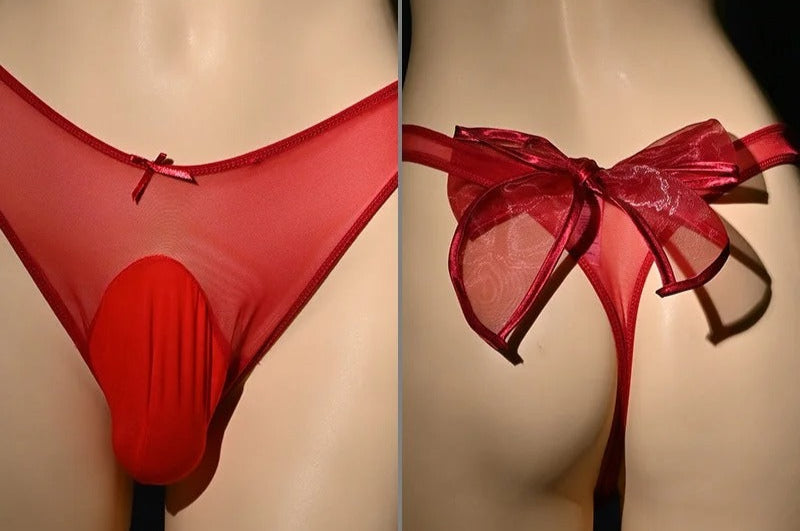 "Sissy Kenzie" Sheer Mesh G-String | Bow Detail Bikini Pouch | Femboy Lingerie