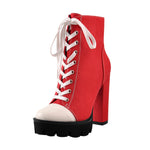 Load image into Gallery viewer, Platform Lace Up Canvas Chunky Heel Boots
