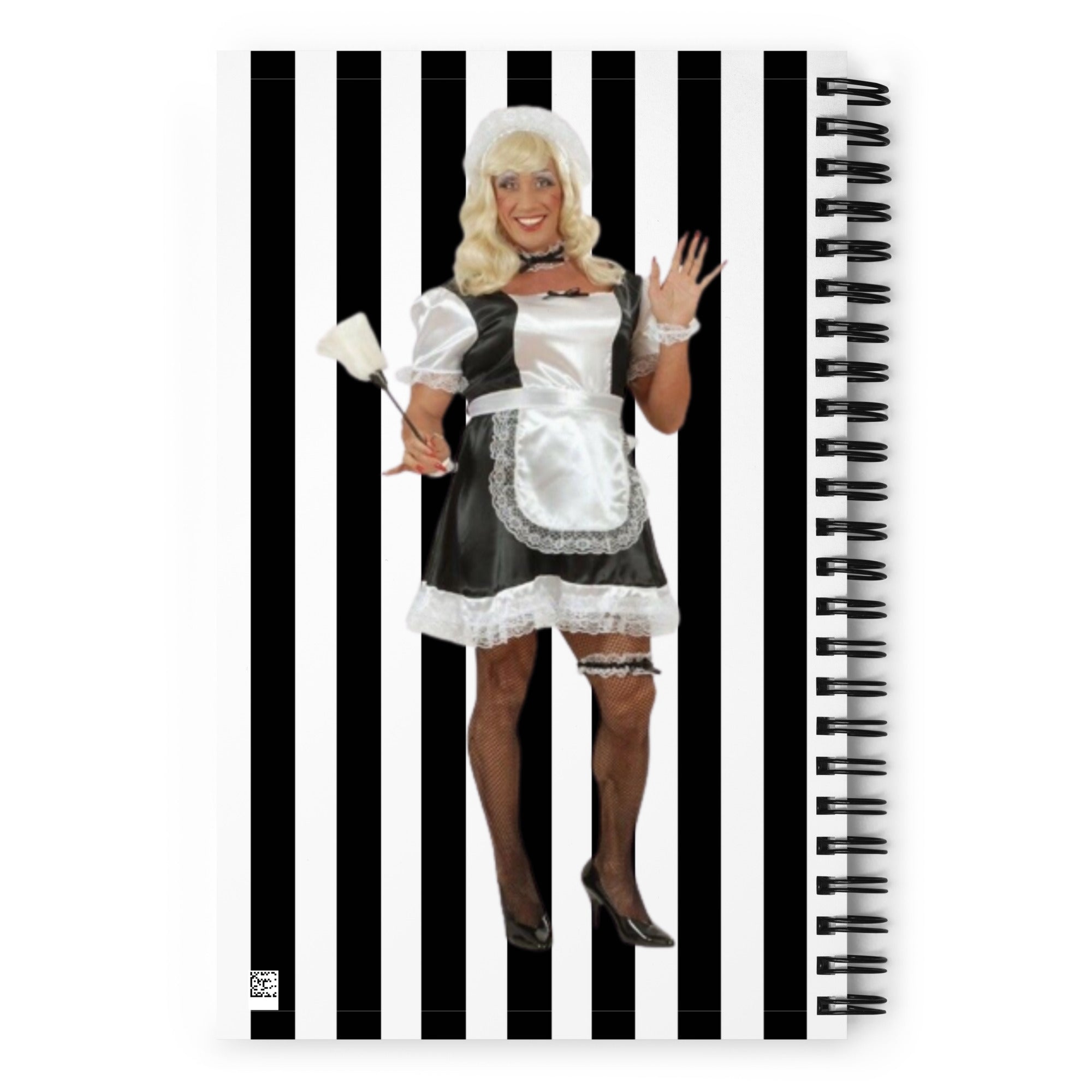 Black Stripes Backgroud Sissy Maid Portrait Print, Sissy Maid Illustration, LGBTQ Art Spiral Notebook Journal Gift Spiral Notebook