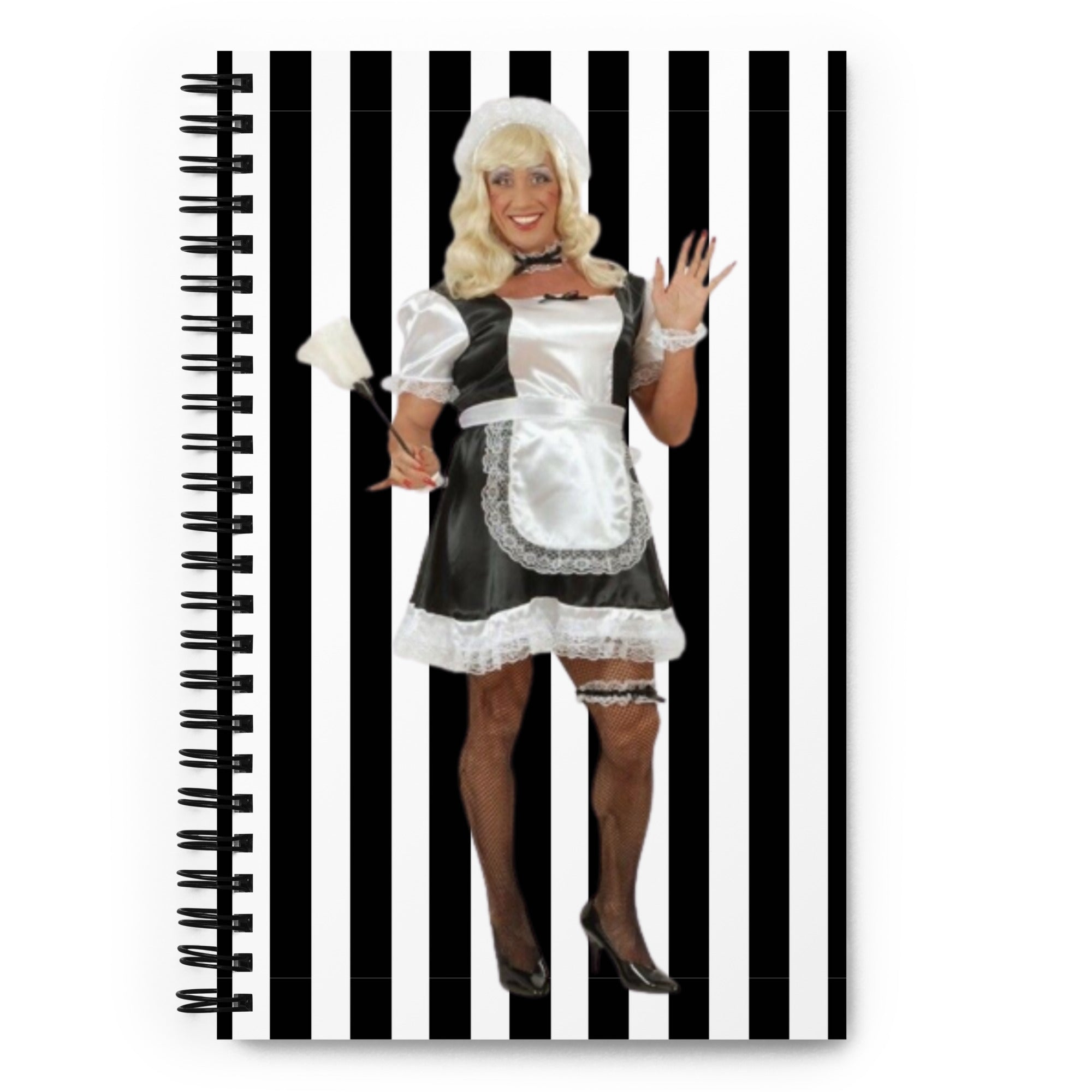 Black Stripes Backgroud Sissy Maid Portrait Print, Sissy Maid Illustration, LGBTQ Art Spiral Notebook Journal Gift Spiral Notebook