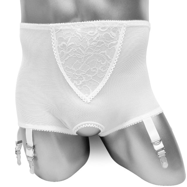 "Sissy Reese" High-Waist Garter Panties | Open-Crotch Mesh & Lace Lingerie